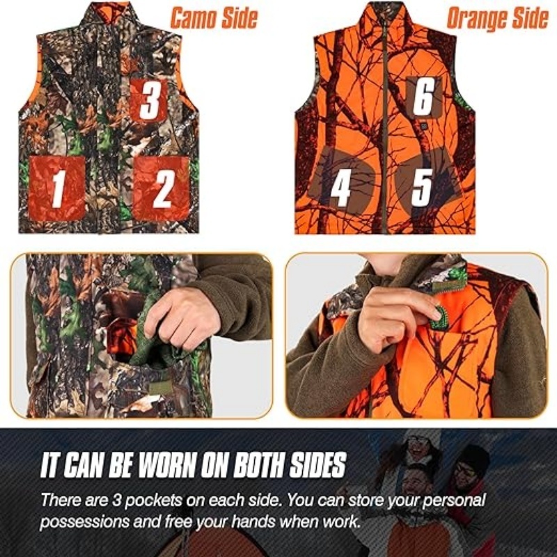 Lightweight Heating Game Safety Vest for Hiking Camo and Orange Reversible Hunting Heated Vest