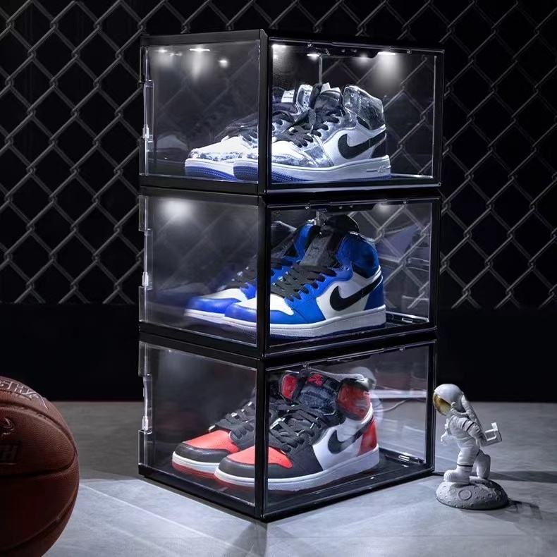 Voice Activated Magnetic Side Drop Open Sneaker Display Case Plastic Stackable Clear Led Shoe Box