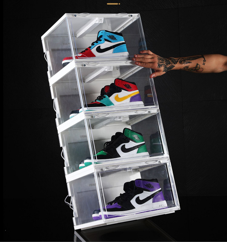 Voice Activated Magnetic Side Drop Open Sneaker Display Case Plastic Stackable Clear Led Shoe Box