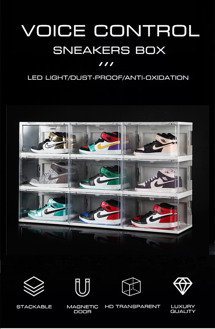 Voice Activated Magnetic Side Drop Open Sneaker Display Case Plastic Stackable Clear Led Shoe Box