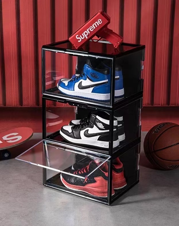 Voice Activated Magnetic Side Drop Open Sneaker Display Case Plastic Stackable Clear Led Shoe Box