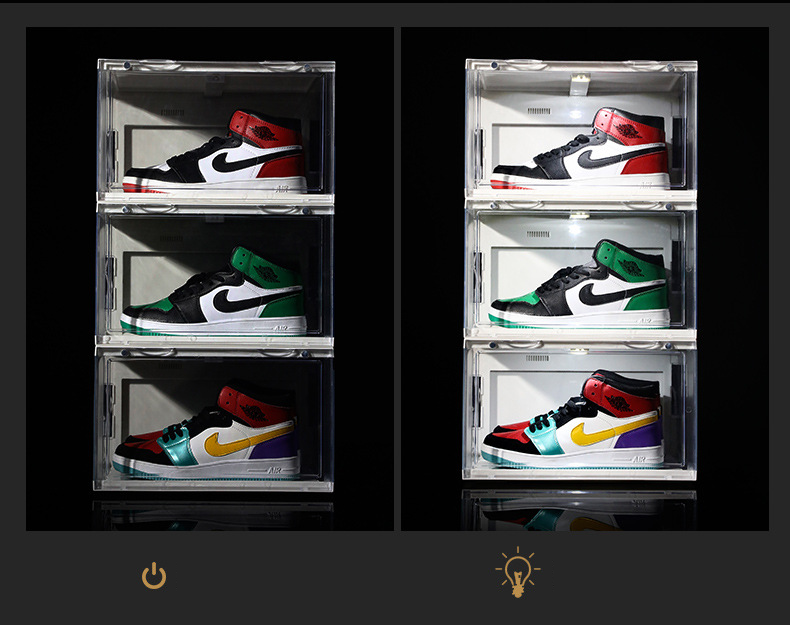 Voice Activated Magnetic Side Drop Open Sneaker Display Case Plastic Stackable Clear Led Shoe Box