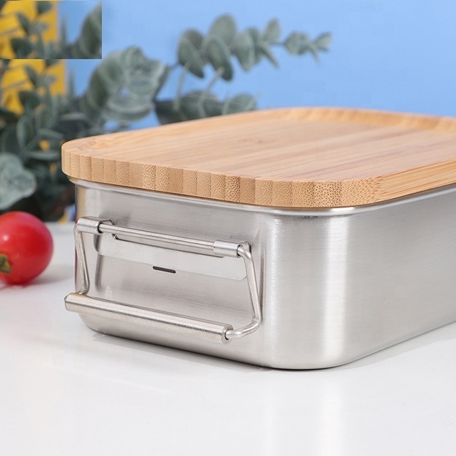 Food Grade Kids Bento Lunchbox Metal Bread Box Rectangle Stainless Steel Lunch Box With Bamboo Lid