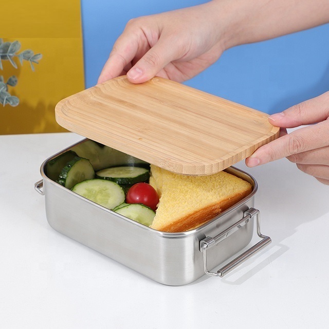 Food Grade Kids Bento Lunchbox Metal Bread Box Rectangle Stainless Steel Lunch Box With Bamboo Lid