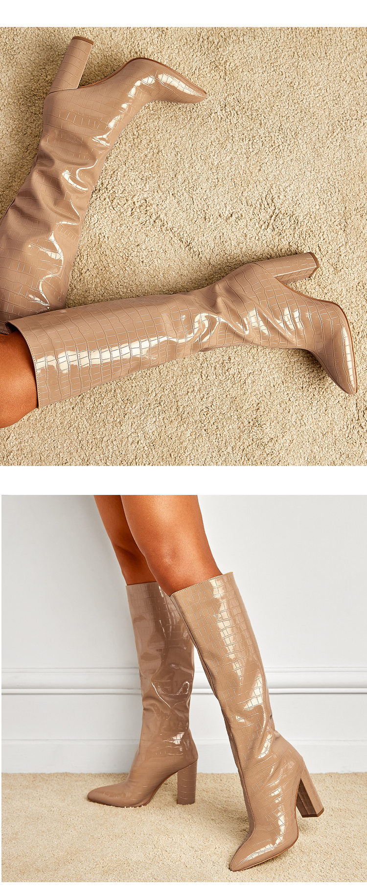 Crocodile pattern long boots for women 2024 The same pointed thick heel over knee boots, a new one foot boots in winter 2025