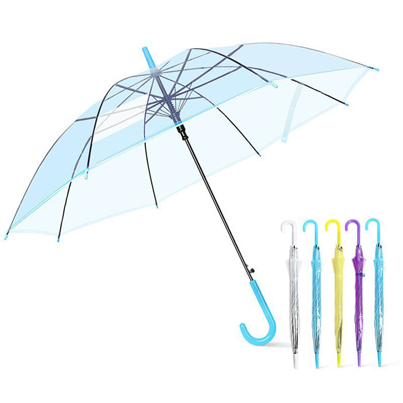 Long Handle Automatic Transparent Umbrella Lightweight Kids Umbrella Custom Logo Colorful Clear Umbrella for Wedding and Student