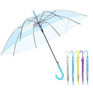 Long Handle Automatic Transparent Umbrella Lightweight Kids Umbrella Custom Logo Colorful Clear Umbrella for Wedding and Student