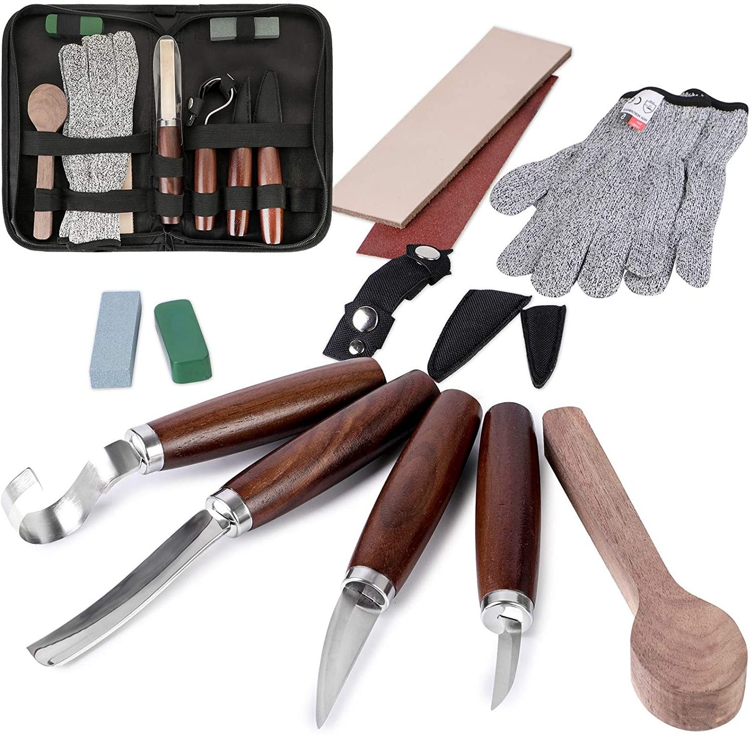 Walnut Handle DIY Wood Carving Tools Set for Woodworking, Beginners, Trimming Knife for Spoon Bowl Cup Pumpkin