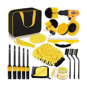 Factory Price 20 Pcs Car Cleaning Tools Kit Auto Detailing Brush Yellow Drill Clean Brush Set For Washing Interior Wheel