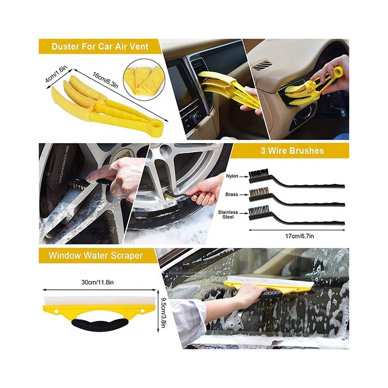 Factory Price 20 Pcs Car Cleaning Tools Kit Auto Detailing Brush Yellow Drill Clean Brush Set For Washing Interior Wheel