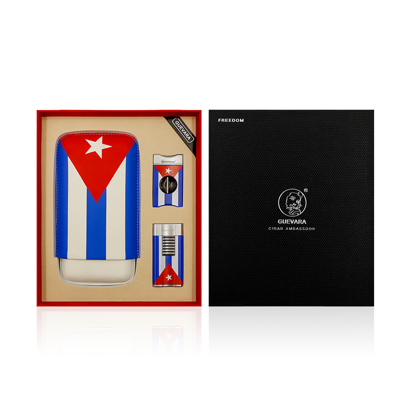 Guevara Cuban flag premium cigar set one jet flame lighter v cutter and cigar leather case