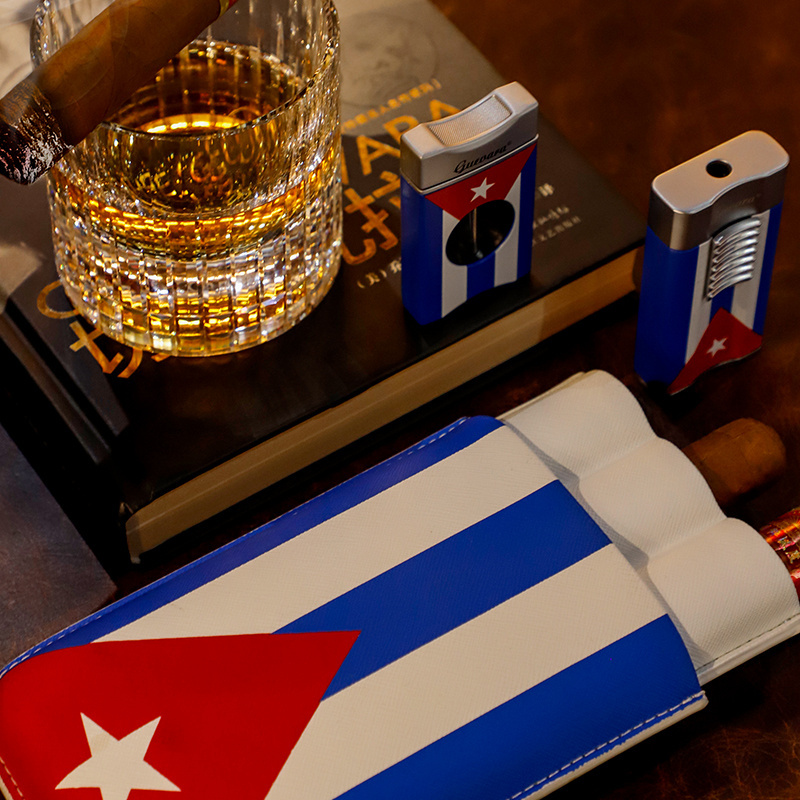 Guevara Cuban flag premium cigar set one jet flame lighter v cutter and cigar leather case