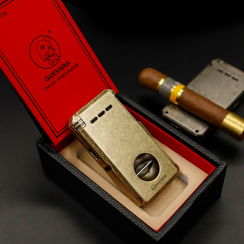 Luxury Smoking Windproof Double Flame Butane Refillable Cool Lighters with Cigar V Cutter