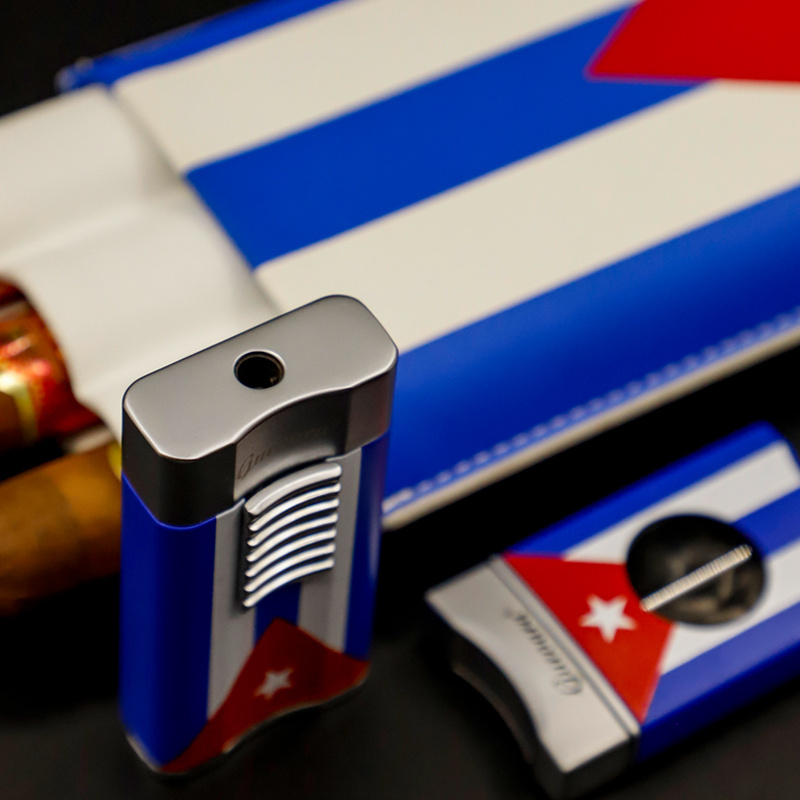 Guevara Cuban flag premium cigar set one jet flame lighter v cutter and cigar leather case