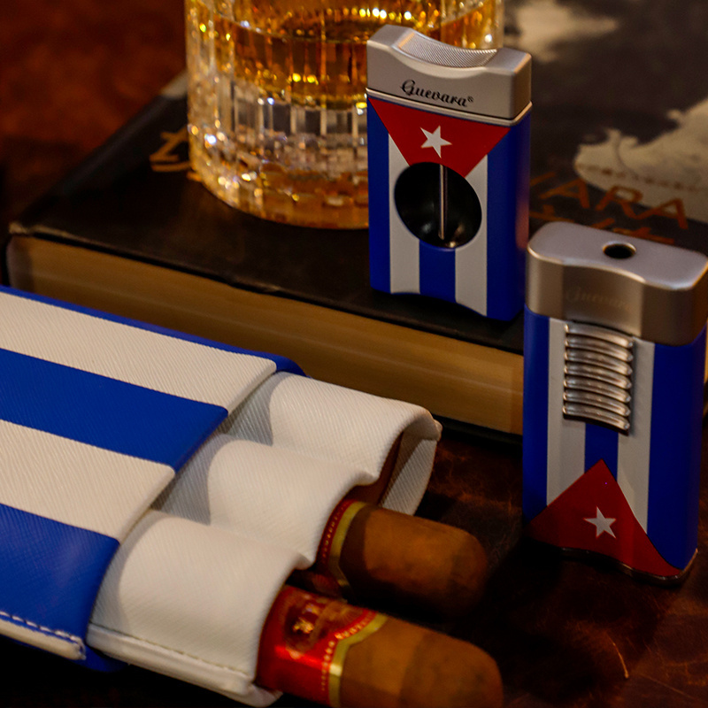 Guevara Cuban flag premium cigar set one jet flame lighter v cutter and cigar leather case