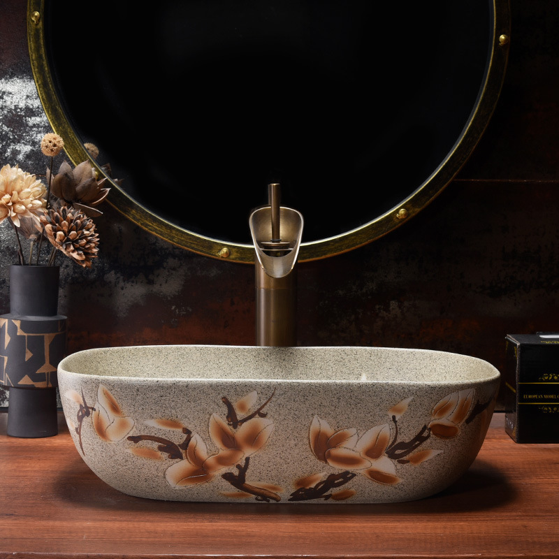 Wax gourd shape China Blossom Rectangular Ceramic Vessel Sink with Hand-painted Design for a Timeless and Elegant Bathroom