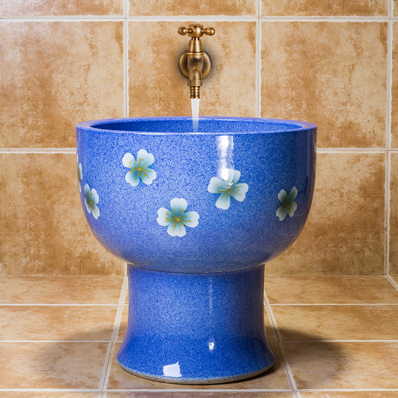 Blue Ceramic Anti Block Mop Sink Floor Mounted Decoration Pattern Balcony Mop Pool Rapid Sewage Disposal Bathroom Mop Tub