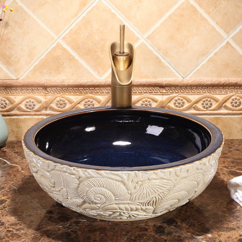 China grave Hippocampus japonicus Kingfisher lotus Round counter top small  Ceramic Painting Art Lavabo Bathroom Vessel Sinks