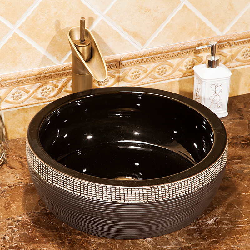 China Artistic Handmade Art Wash Basin Ceramic Counter Top Ceramic Wash Basins Round Carved Bathroom Sinks