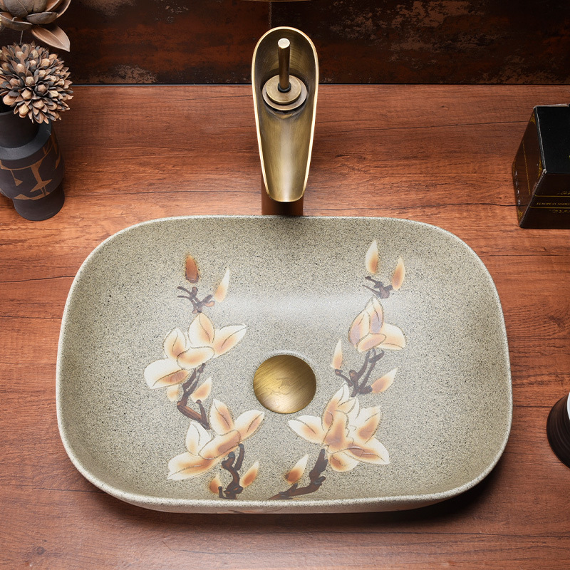 Wax gourd shape China Blossom Rectangular Ceramic Vessel Sink with Hand-painted Design for a Timeless and Elegant Bathroom