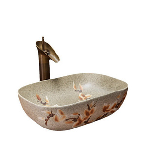 Wax gourd shape China Blossom Rectangular Ceramic Vessel Sink with Hand-painted Design for a Timeless and Elegant Bathroom