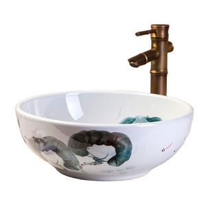 China Painting Kingfisher lotus Ceramic Painting Art Lavabo Bathroom Vessel Sinks Round counter top small wash basin