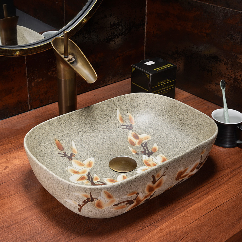 Wax gourd shape China Blossom Rectangular Ceramic Vessel Sink with Hand-painted Design for a Timeless and Elegant Bathroom