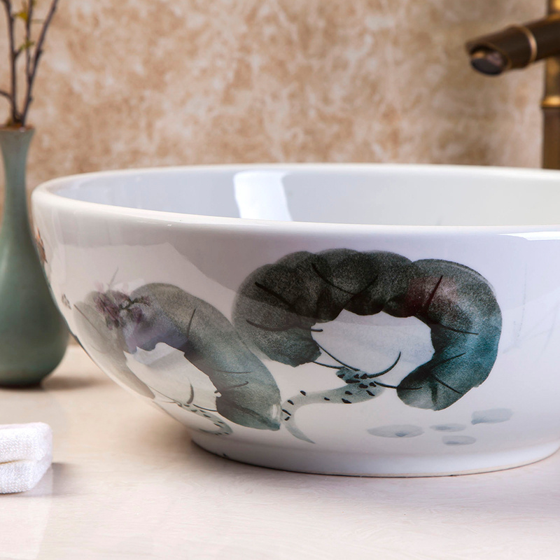 China Painting Kingfisher lotus Ceramic Painting Art Lavabo Bathroom Vessel Sinks Round counter top small wash basin