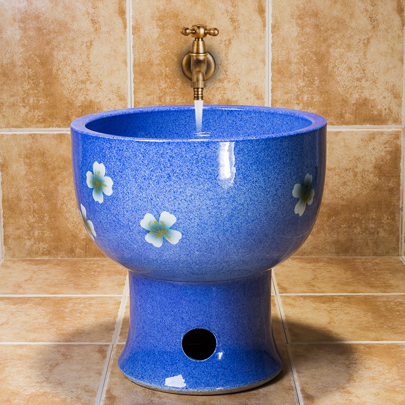 Blue Ceramic Anti Block Mop Sink Floor Mounted Decoration Pattern Balcony Mop Pool Rapid Sewage Disposal Bathroom Mop Tub