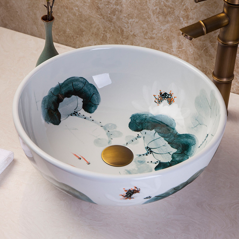 China Painting Kingfisher lotus Ceramic Painting Art Lavabo Bathroom Vessel Sinks Round counter top small wash basin