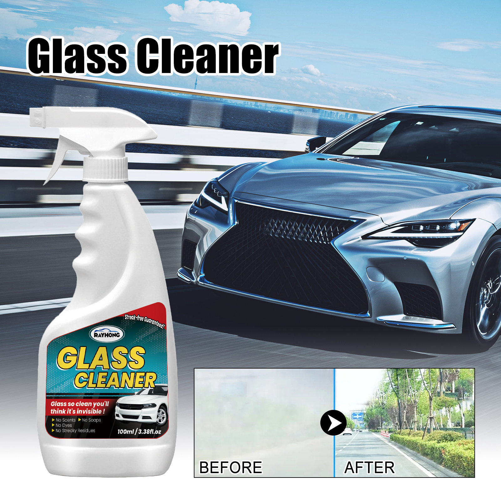 Rauhong OEM&ODM Foam Glass Cleaner Bottles Fog Remove Glass Window Cleaner Soft Car Glass Cleaner Spray