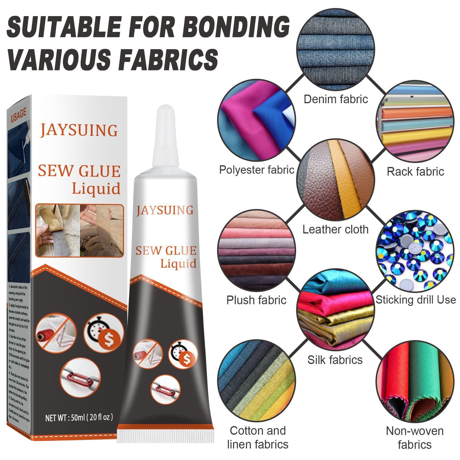 Jaysuing 50ML Waterproof Fabric Glue Effective Nylon Fabric Glue Strong Adhesion Easy To Use Adhesive Glue For Fabric