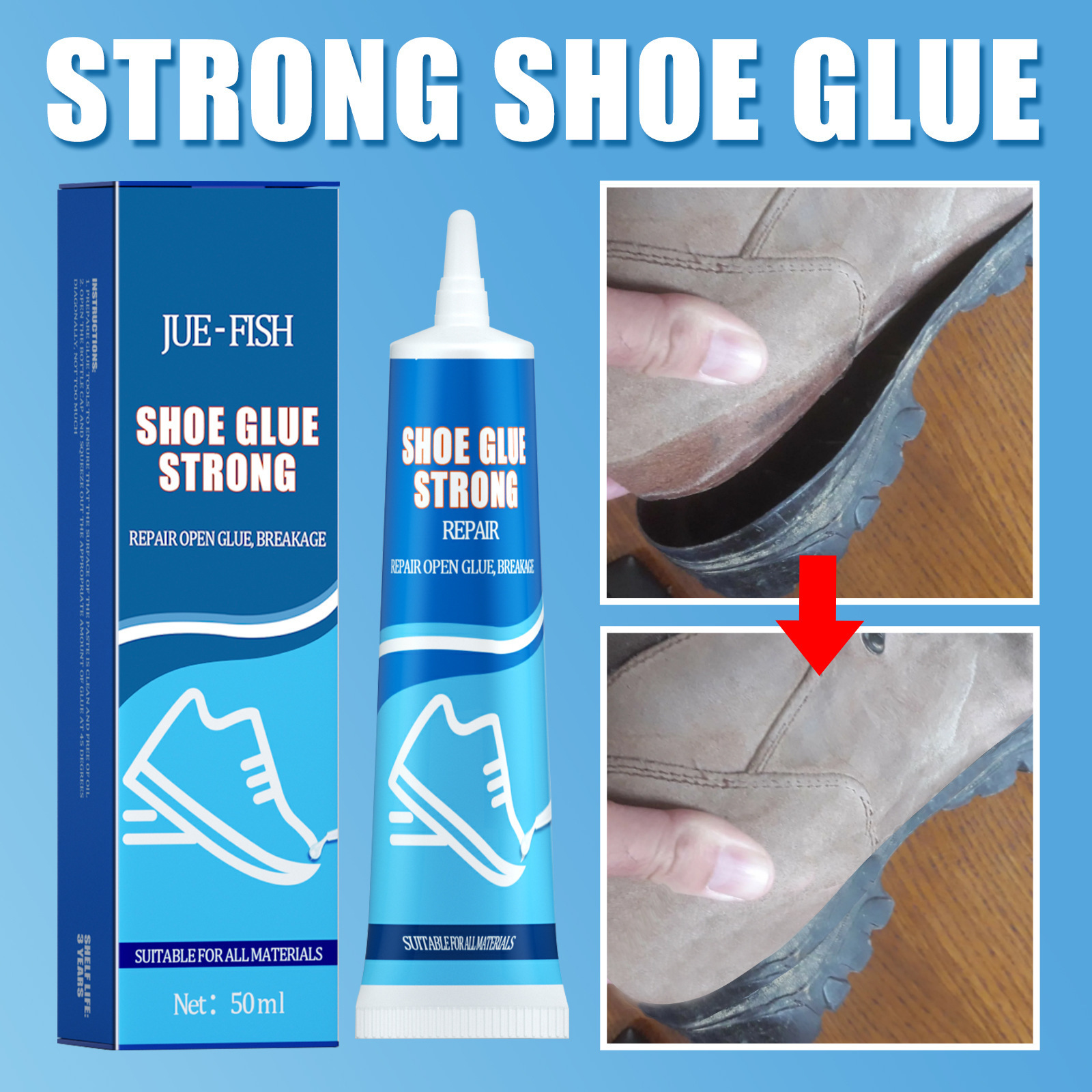 JUE-FISH Strong Shoe Repair Glue Soft Adhesive Worn Shoes Sole BondMulti-Purpose Waterproof Repairing Liquid Tool GLUE 50ml