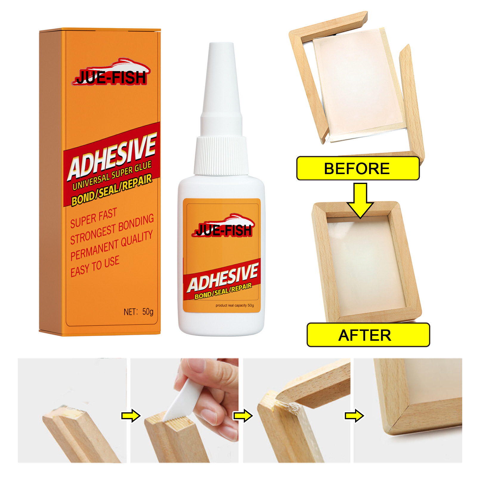 JUE-FISH Repair Glue Extra Strong Adhesive Plastic Metal Glass Shoe Waterproof Welding Industrial  Liquid Glue 50g