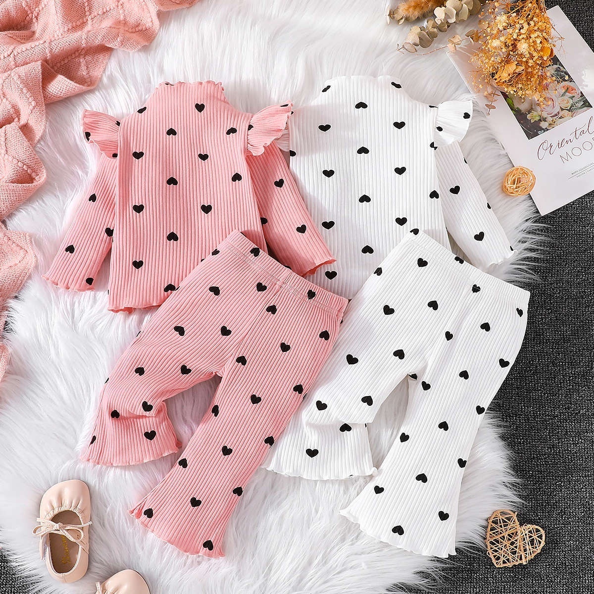 Spring casual baby pit striped long sleeve top love pattern bell bottoms 2 pieces new bron baby clothes sets