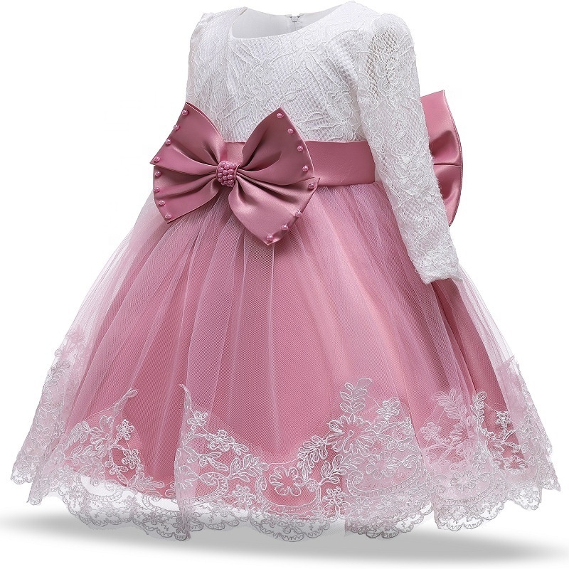 Toddler autumn long sleeves children party birthday gown big bow lace baby fancy dress