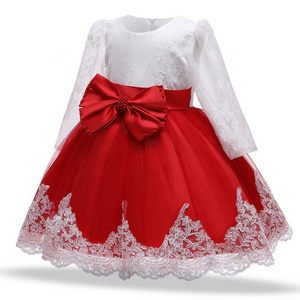 Toddler autumn long sleeves children party birthday gown big bow lace baby fancy dress