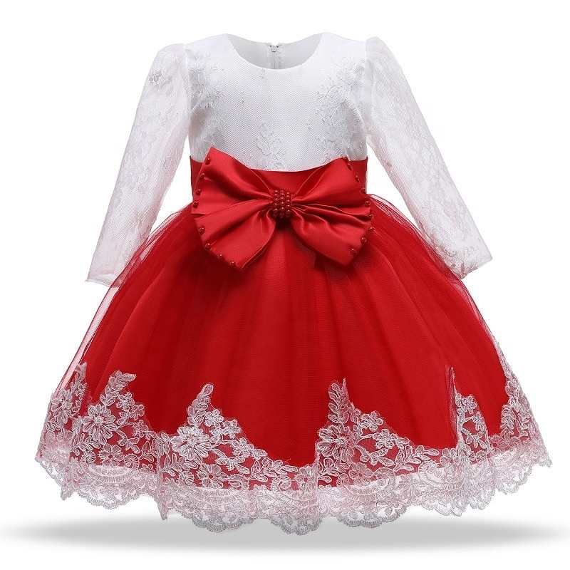 Toddler autumn long sleeves children party birthday gown big bow lace baby fancy dress