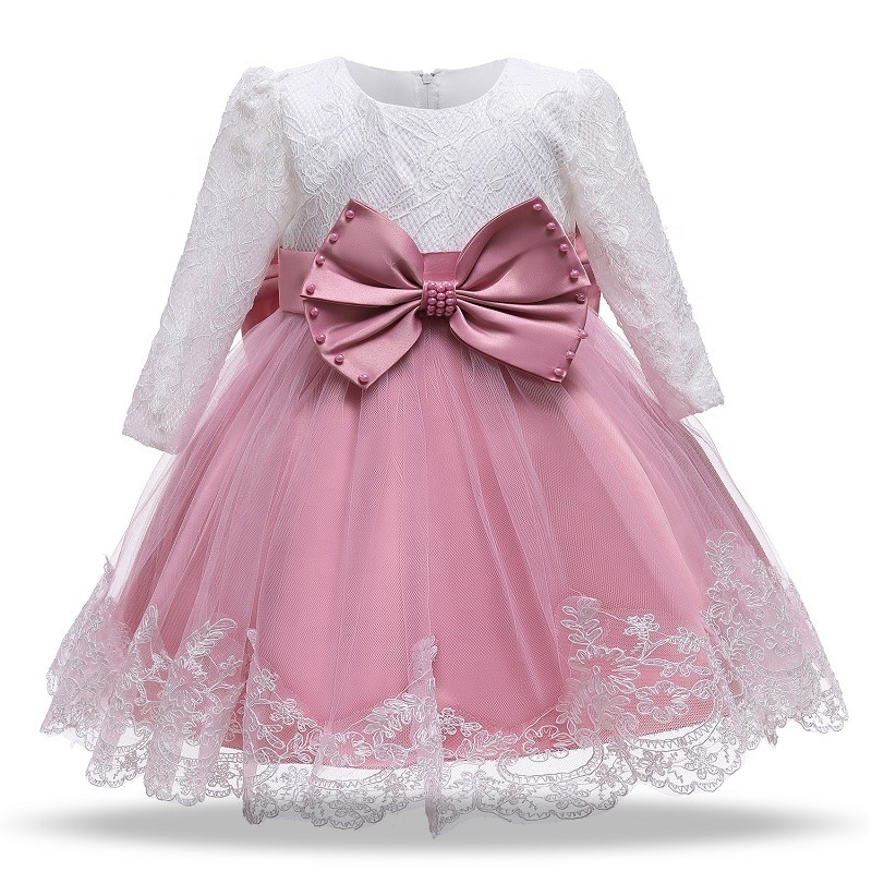 Toddler autumn long sleeves children party birthday gown big bow lace baby fancy dress