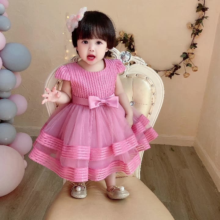 Hot sale infant kids fancy tulle gown bow birthday one shoulder frock baby girl dress prices