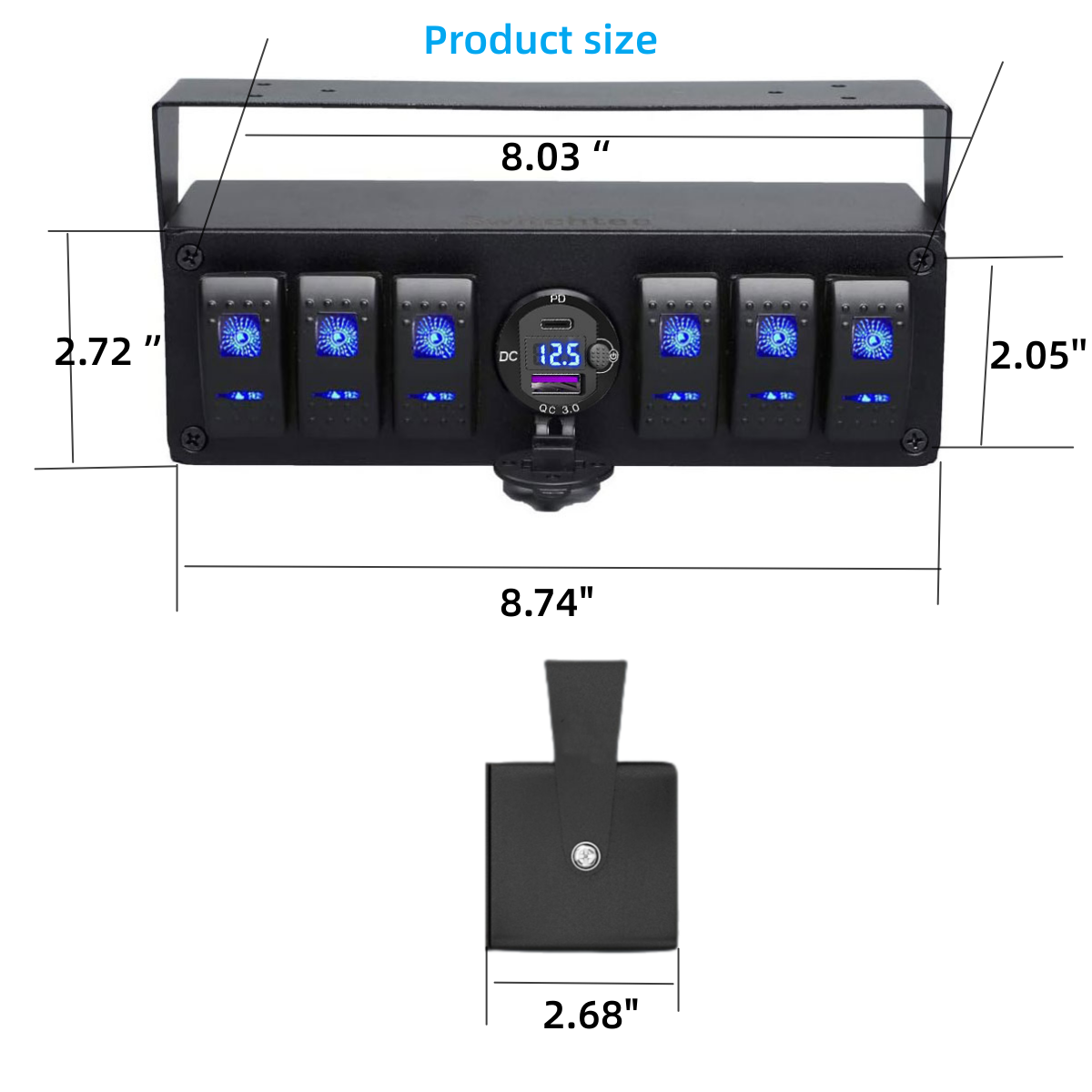 12v 6 Gang Rocker Switch Box + aluminium QC 3.0 +PD USB Charger with voltmeter and button switch