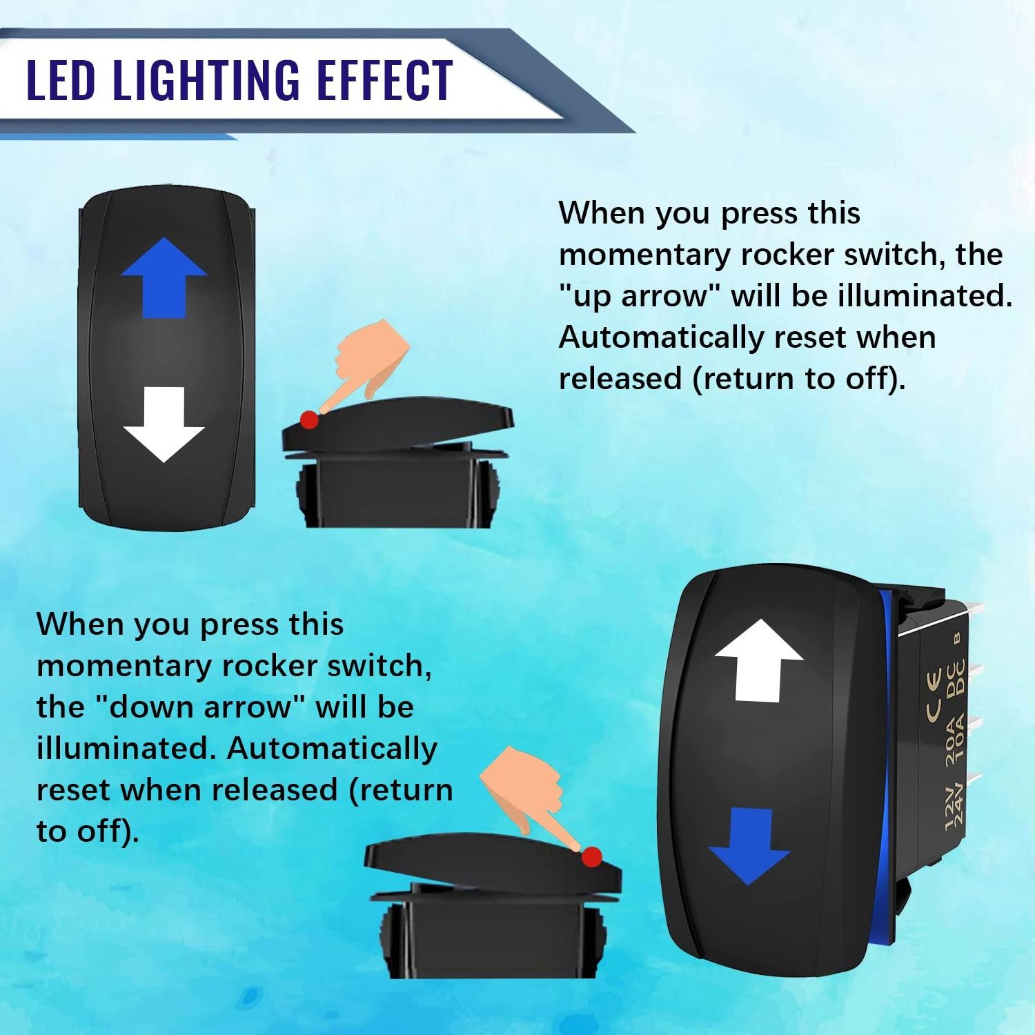 Up Down Arrows Momentary Rocker Switch Toggle (ON)-Off-(ON) 3 Position Car-ling Rocker Switch 12V 20A DPDT 7 Pin