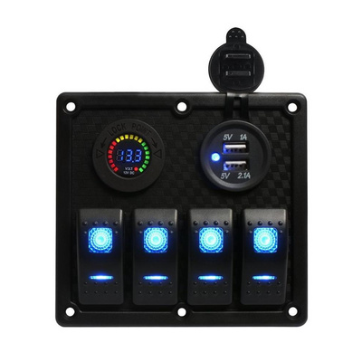 4 gang boat Rocker Switch Panel with  Digital Voltmeter and usb charger 12v-24v