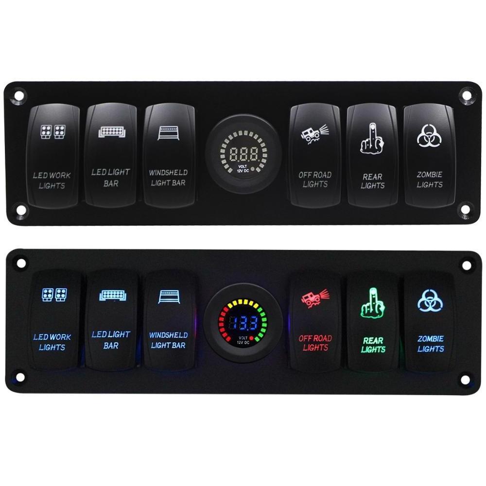 Waterproof 6 Gang Car Marine Blue LED Rocker Switch Panel & Voltmeter & Dual USB