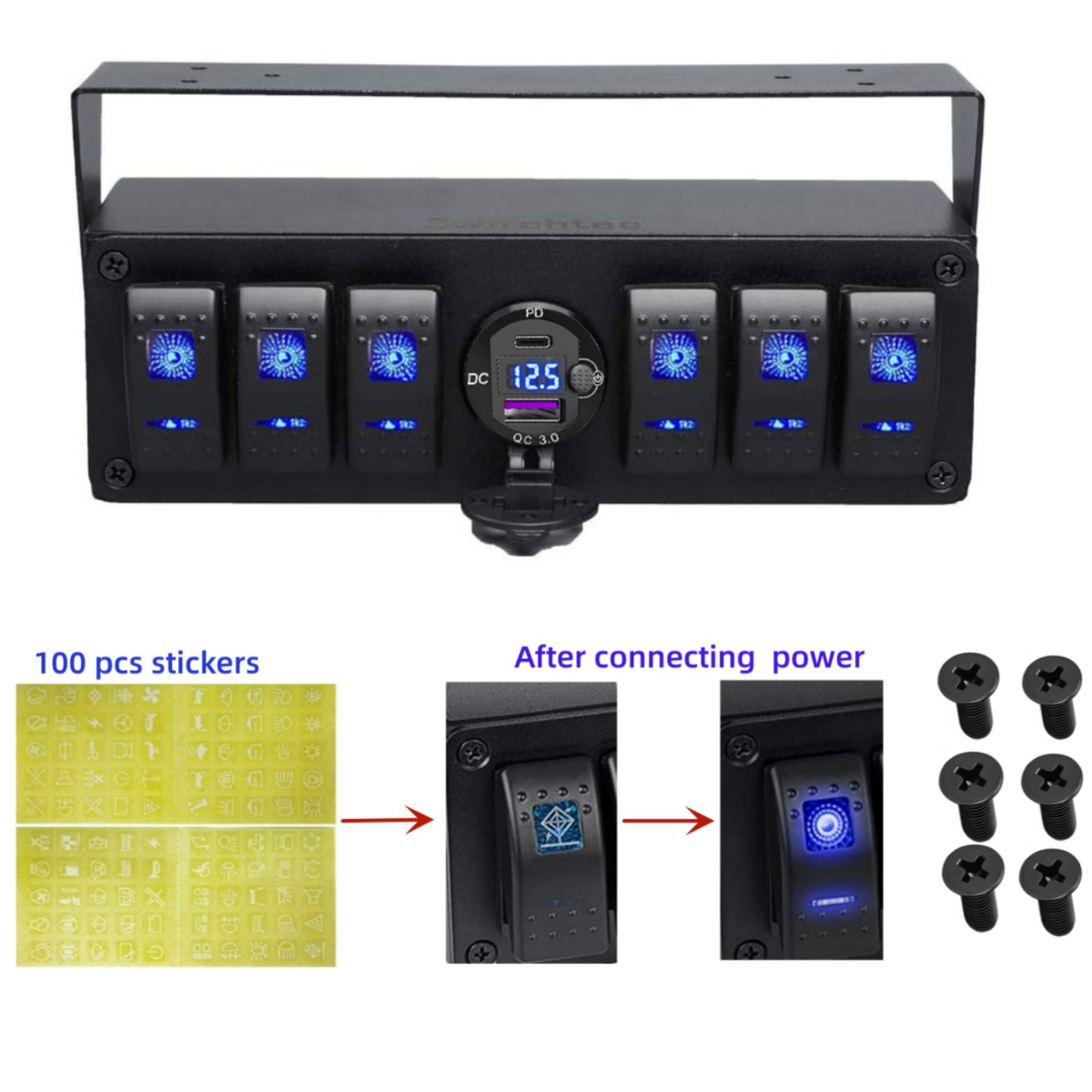 12v 6 Gang Rocker Switch Box + aluminium QC 3.0 +PD USB Charger with voltmeter and button switch