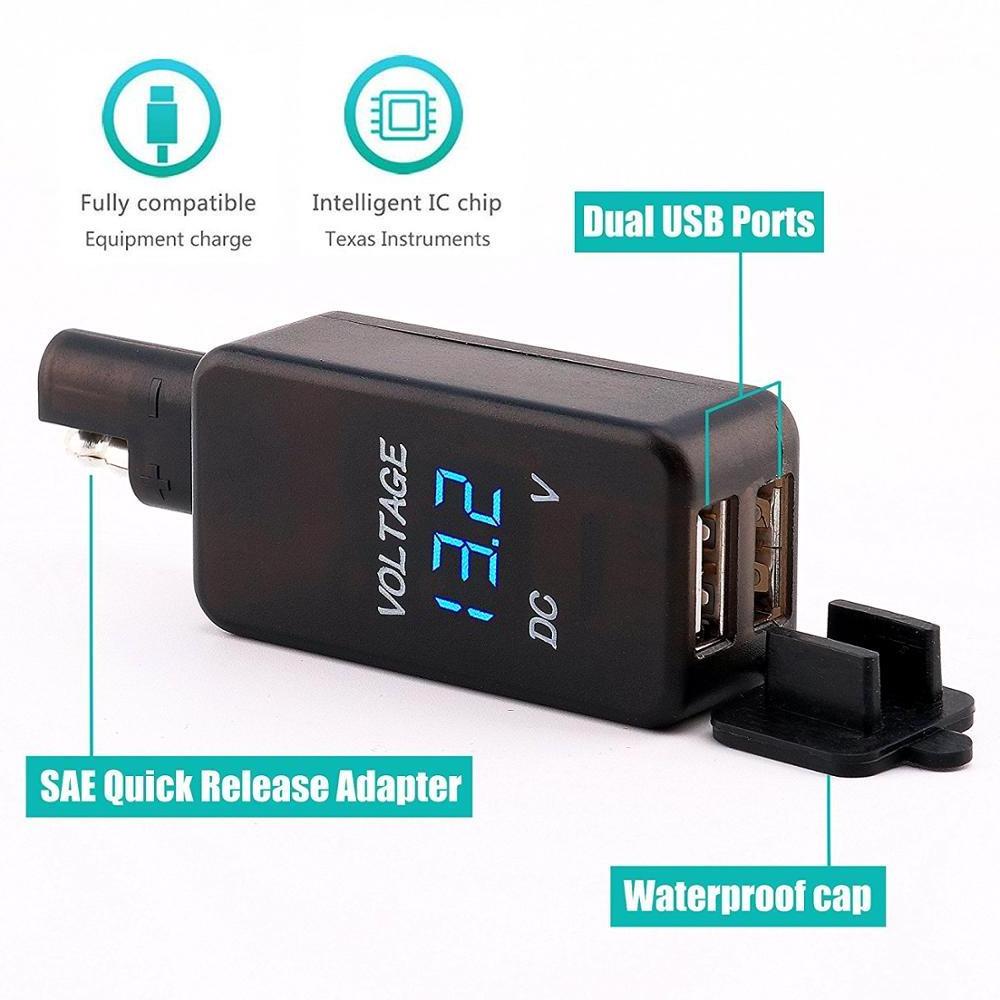 12V Motorcycle SAE To USB Dual Port Cable Adapter Phone Charger With LED Voltmeter