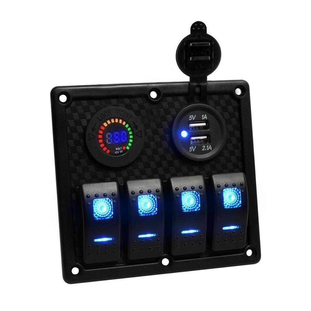 4 gang boat Rocker Switch Panel with  Digital Voltmeter and usb charger 12v-24v