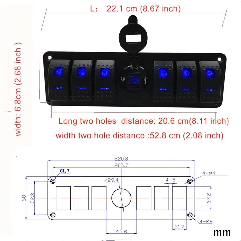 Waterproof 7 Gang 2LED Light Rocker Switch Panel Circuit Breaker 12V boat