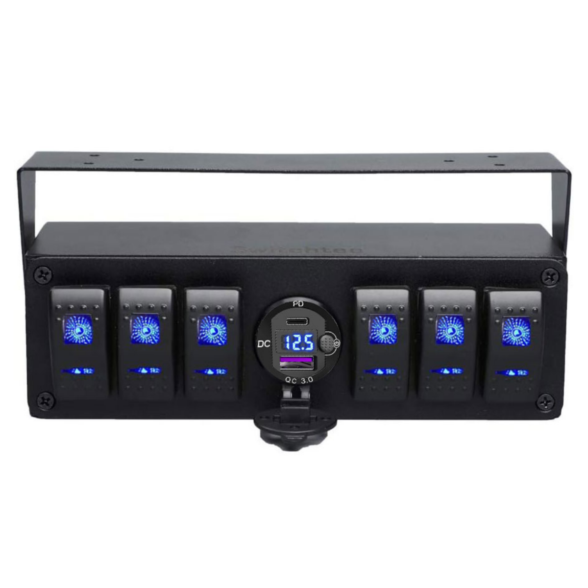 12v 6 Gang Rocker Switch Box + aluminium QC 3.0 +PD USB Charger with voltmeter and button switch