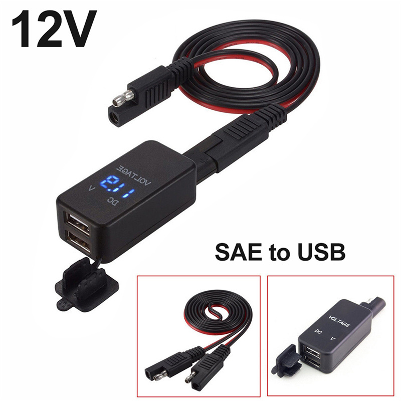 12V Motorcycle SAE To USB Dual Port Cable Adapter Phone Charger With LED Voltmeter